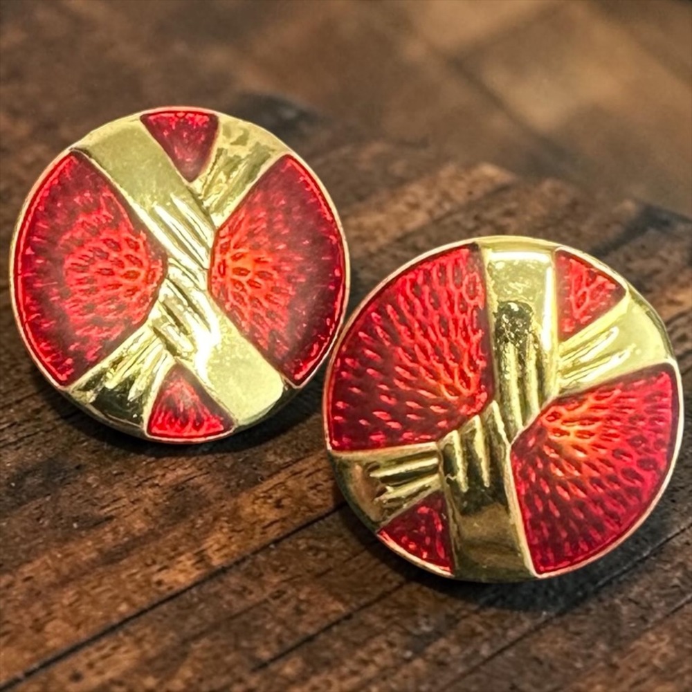 Vintage Red Enamel Gold Tone Round Stud Earrings Abstract Geometric Retro
